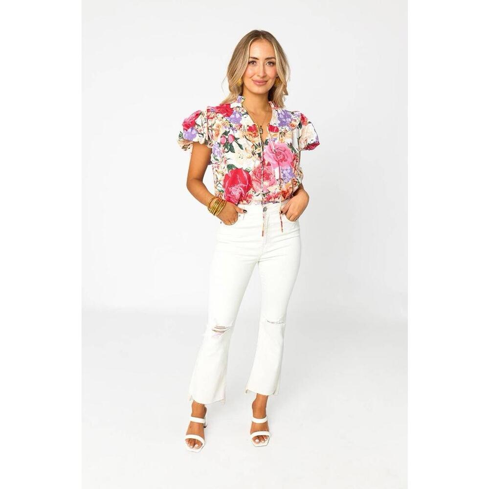Buddy Love Leeland Royalty‎ Floral Ruffle Puff Sleeve Top Pink Feminine Size M